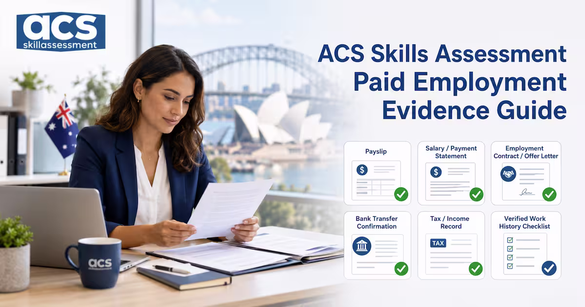 ACS skills assessment paid employment evidence documents including payslips, bank statements, and employment reference letters